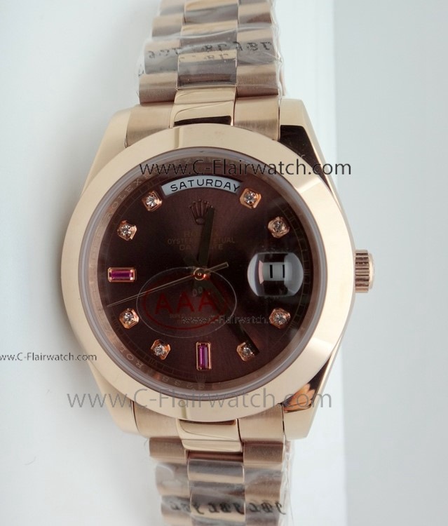 Fake Presidential Rolex DayDate Watch 40mm Rose Gold Brown Dial